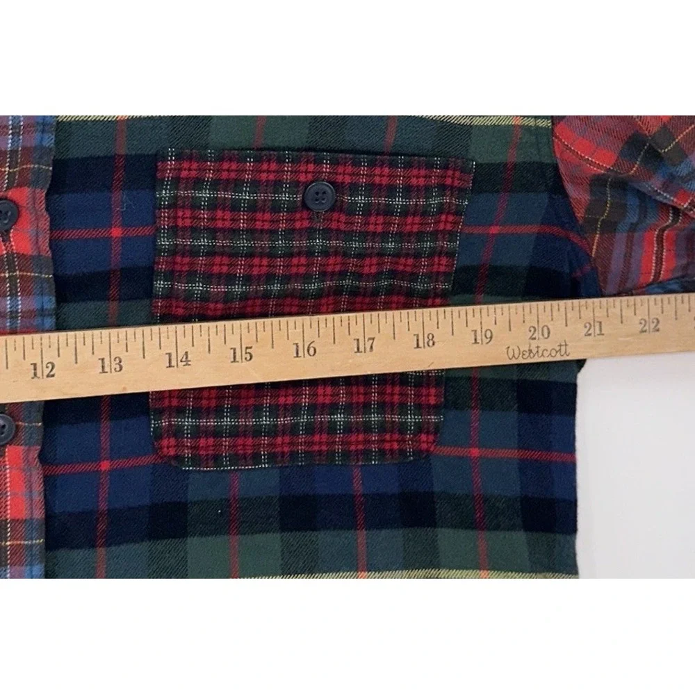 J Crew Mens Medium Patchwork Plaid Tartan Flannel Button Up‎ Long Sleeve Pocket